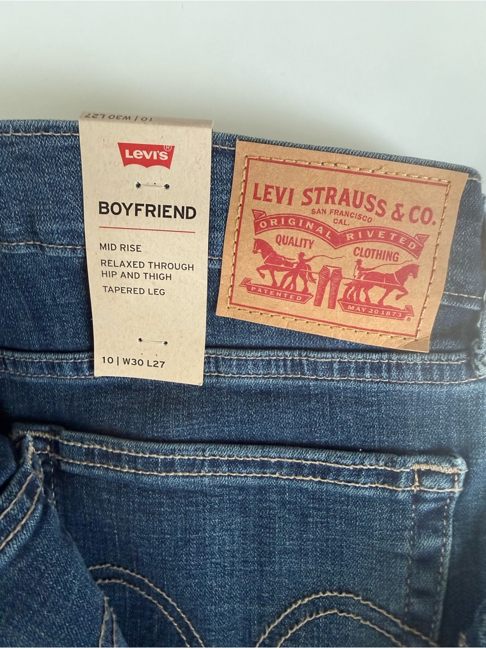 Levi's Boyfriend Jeans - Blue Denim with Tan Patch